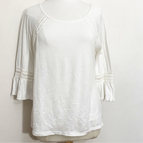 MASSINI boho crochet trim bell sleeves gauzy polyester rayon knit top blouse S - Picture 1 of 7